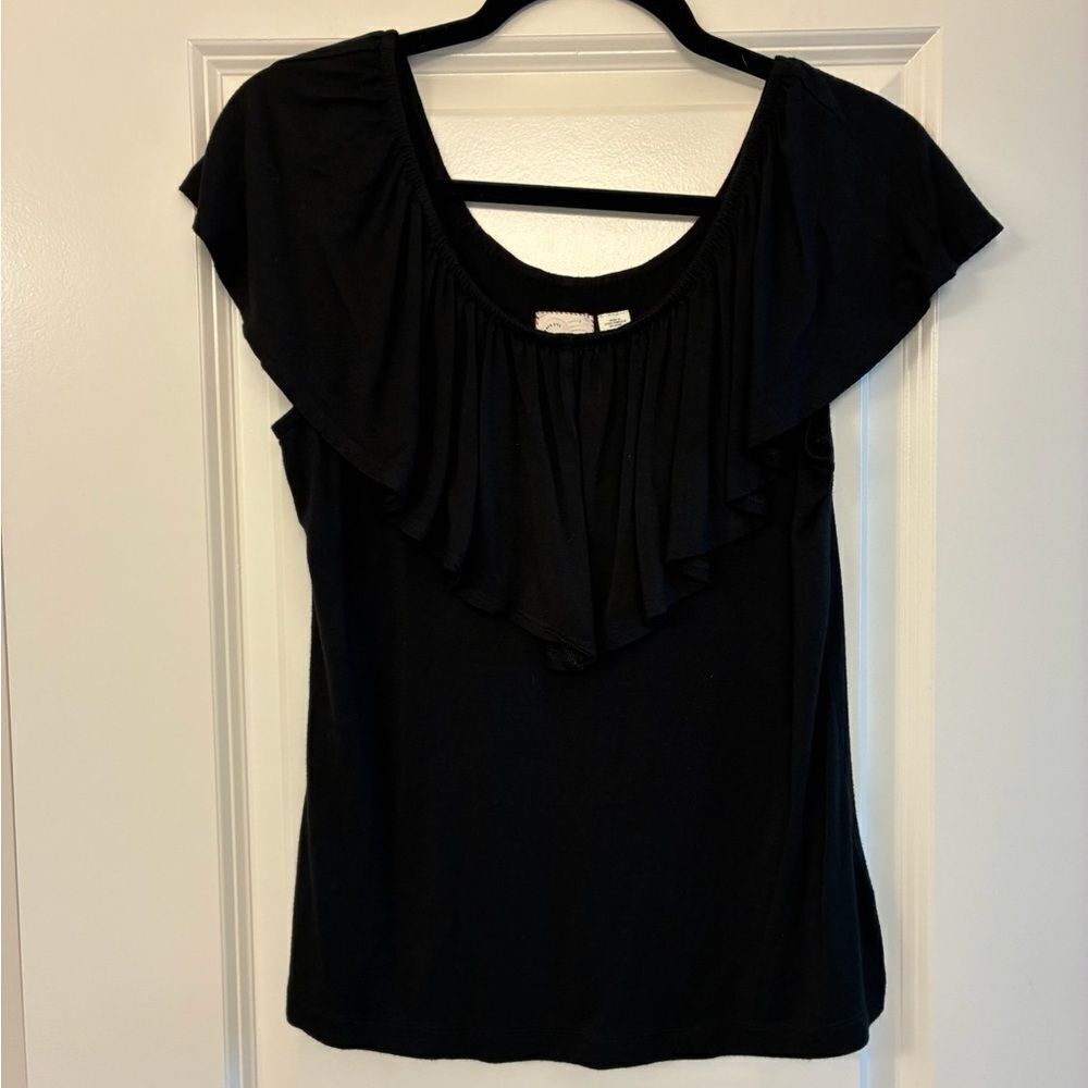ANTHROPOLOGIE POST CARD Short Sleeve Ruffled Knit Top Black Women’s Size Small